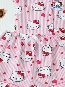 SANRIO 三丽鸥女士睡衣套装，Hello Kitty条纹爱心印花短袖口袋上衣和蝴蝶结短裤休闲家居服 - 粉色 - 查看 6