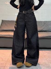 1件美式街頭風女款刺繡寬鬆寬腿牛仔長褲，四季休閒黑色秋季款 - 黑色 - 查看 2