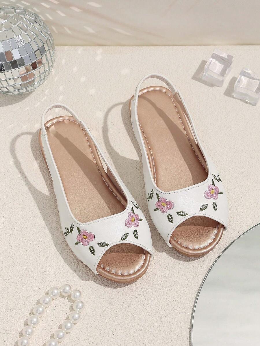 Girls' Summer Embroidered Flower Sandals, Retro Open Toe Princess Shoes, Soft Non-Slip Elastic Band Shoes, Casual Children Shoes - White - View 1