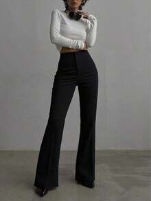 Pantalones rectos de talle alto de color negro sólido, elegantes y casuales, adecuados para uso diario, oficina, traslados, hogar, citas, pequeñas fiestas, eventos sociales ligeros en primavera - Negro - Ver 2