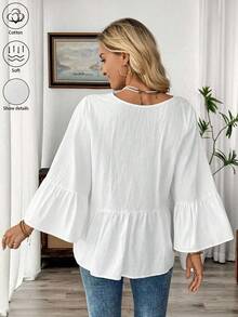 1 pieza de camisa casual para mujer , blanca, con cuello en V y mangas con volantes, 180g, 100% algodón. - Blanco - Ver 2