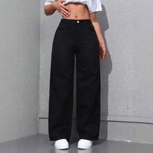 Jeans de cintura alta, corte holgado y pierna recta para mujer, estilo dulce y picante, talla grande, pantalones largos casua... - Negro - Ver 1