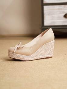 Giày đế xuồng và đế cao kiểu espadrille cho nữ, sandal quai ngang dệt màu đen mũi tròn thích hợp cho kỳ nghỉ biển, đế dây thừng co giãn, kết hợp với giày nữ. - Màu be - Xem 10