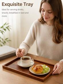 DearDali 1pc 16-Inch Rosewood Tray, Japanese Walnut-Color Square Tea Tray With Handle, Waterproof And Scratch-Resistant Dining Tray, Minimalist Ins Style, Rectangular Tray With Edging And Anti-Slip Design, Supportive Storage For Home Tea Break/Afternoon Tea Serving/Desktop Organization - View 3