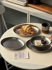 1pc Ins Style Stainless Steel Wavy Oval Tray, Retro Niche Dessert Plate, Minimalist Oval Plate, Suitable For Cafe, Cake, Afternoon Tea, Applicable To Restaurant, Living Room, Home, Wedding, Gathering, Party. Silver Color, Deep Dish, Oval Plate - Silver - View 4