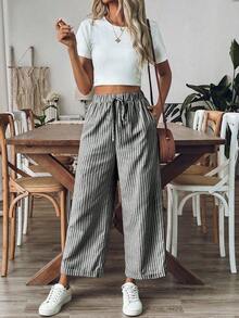 Pantalones sueltos holgados de mujer con estampado de rayas, cintura con cordón y bolsillos, versátiles - Blanco y Negro - Ver 5