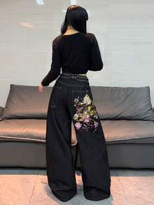 1件美式街頭風女款刺繡寬鬆寬腿牛仔長褲，四季休閒黑色秋季款 - 黑色 - 查看 4