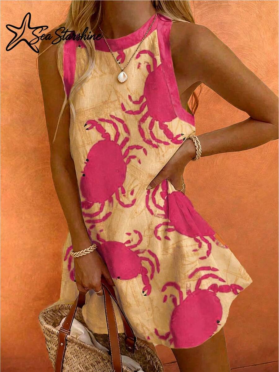 Sea Starshine Women's Spring And Autumn Fashionable Elegant Sexy Sleeveless Yellow Random Crab Pattern Dress - Pink - View 1