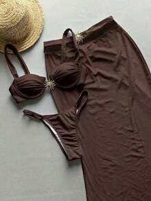 Set de 3 bikinis de estilo europeo sexy para mujer, para vacaciones de verano en la playa, color blanco - Café integral - Ver 8
