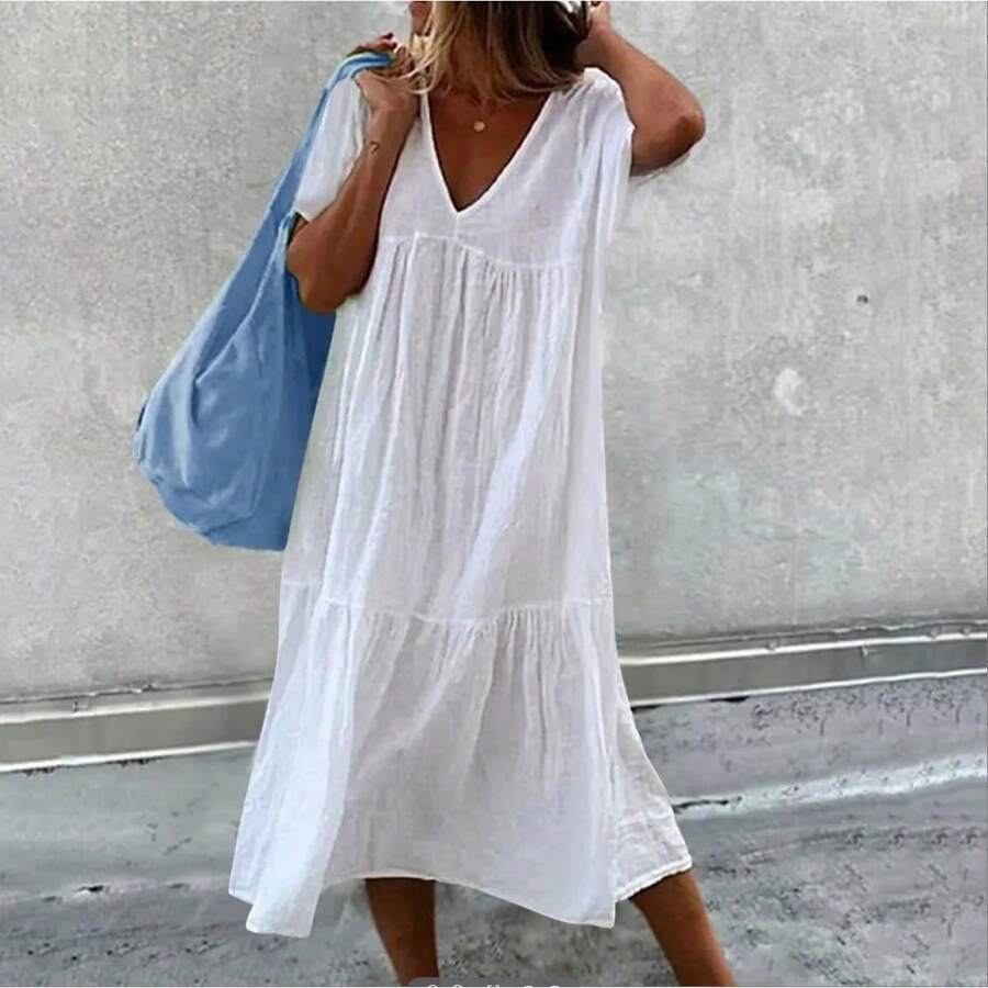 2025 nueva falda larga de mujer de algodón de lino de manga corta cuello redondo suelto Color sólido moda Simple vestido rosa de vacaciones - Blanco - Ver 1