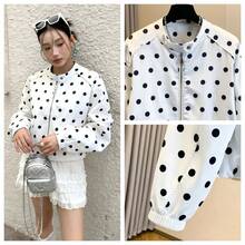 Women's Polka Dot Jacket For Spring/Summer, Romantic Satin Polka Dot Design, Fashionable Funnel Neck, Ruched Hem, Stylish Polka Dot Casual Commuter Jacket Vacation - Black and White - View 11