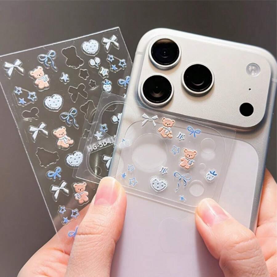 3pcs 17 Pro/Promax Camera Lens Protector, Cute Bear Theme DIY Decorative Sticker Set, Includes Sticker Base And Camera Protective Film