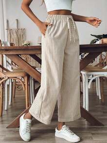 Pantalones sueltos holgados de mujer con estampado de rayas, cintura con cordón y bolsillos, versátiles - Blanco y Negro - Ver 10