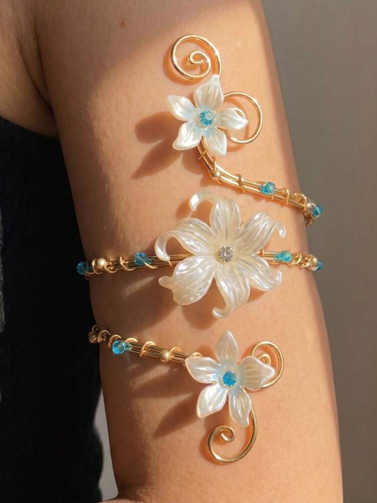 1pc French Luxury Floral Blue Crystal Bracelet For Women, Vintage Adjustable, Fairy Style For Holiday/Party/Gathering/Ambiance Accessory - Multicolor - View 2