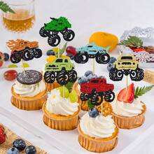12/24 piezas Decoraciones para cupcakes con forma de camión monstruo brillante, adecuado para fiesta de cumpleaños con tema de carrera de autos, decoración de mesa de postres, decoraciones para pasteles con forma de vehículo brillante - Multicolor - Ver 8