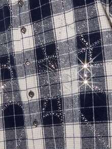 Men's Street Style Crystal Spider Web Plaid Short Sleeve Woven Shirt - Màu xanh lam - Xem 6