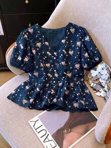 Blusa de mujer con escote en V bordada de estilo romántico francés de manga corta - Azul marino - Ver 3