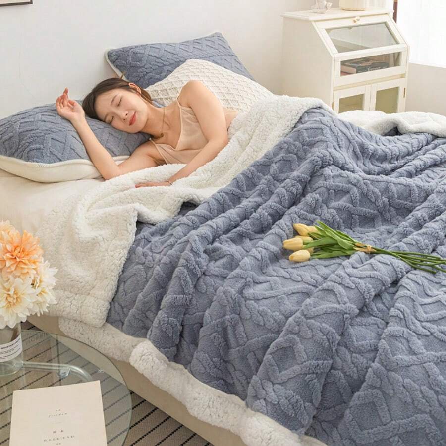 1件 3D緹花波希米亞風羊羔絨菱格紋毯，超柔軟舒適休閒毛絨聖誕毯，雙面加厚保暖披毯，適合秋季，適用於床鋪、沙發、客廳、母親節、臥室裝飾，粉色法蘭絨柔軟夏季冷氣毯