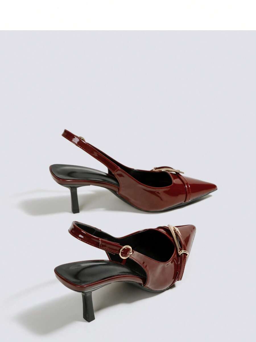 Women's Solid Color Pointed Toe Fashionable Elegant Commuting High Heels - Burgundy - View 1