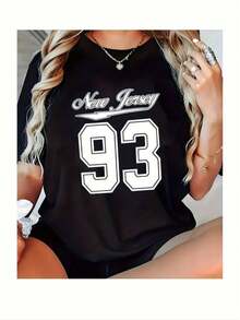 Women's Black T-Shirt With Letter And Number Print, Short-Sleeved Cotton Blend, Round Neck, Casual Top, Valentine's Day Gift, Everyday Wear, Free Shipping - 黑色 - 查看 6