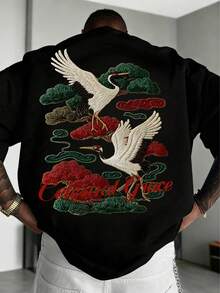 加大码男士刺绣印花短袖T恤，舒适透气，时尚夏季服饰 - 黑色 - 查看 2