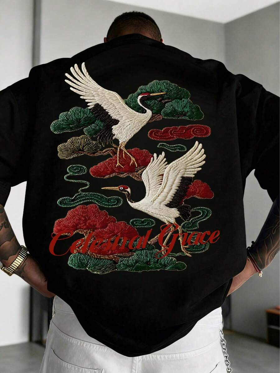 加大码男士刺绣印花短袖T恤，舒适透气，时尚夏季服饰
