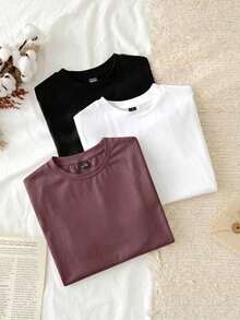 Conjunto de 3 piezas de camisetas de manga larga de ajuste ceñido con cuello redondo, estilo minimalista casual, 95% algodón, para mujer - Multicolor 16 - Ver 4