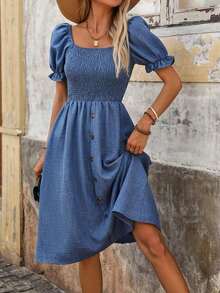 Vestido de manga abullonada efecto denim corte evasé para mujer - Azul - Ver 6