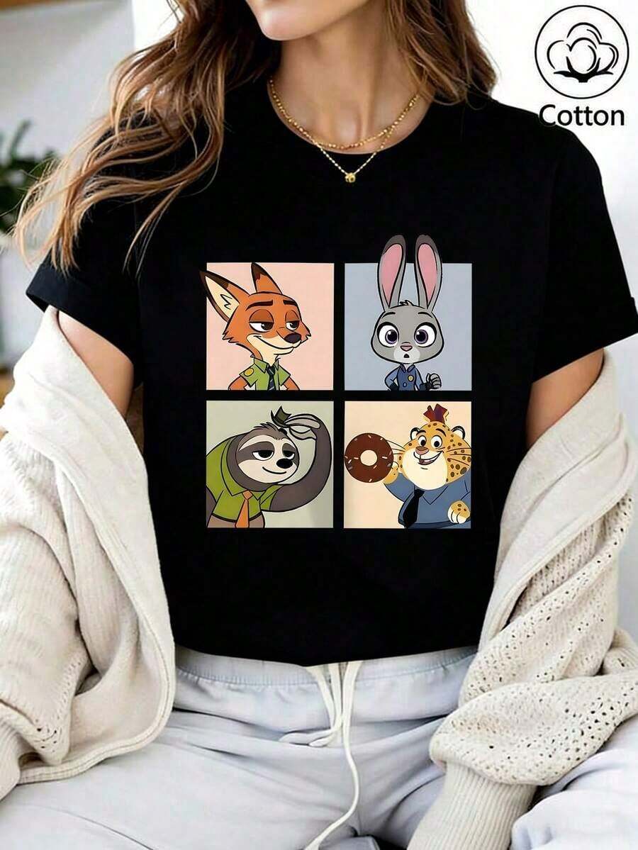 Disney Loose Fit Zootopia Four Panel Cartoon Printed T-Shirt Featuring Nick, Judy, Lightning, And Leopard Officers, Suitable For Summer And Spring, Short Sleeved Tops, Women's Clothing, Holiday Gift Party Costumes.--Disneys Disneyland Paris The Magic Kingdom Disneyesque The House Of Mouse Mickey Mouse Empire Modest Summer Outfits Take That T Shirt Summer Coord Tops For Women Summer Summer Clothes Women Summer Clothes Summer Tops Summer Tops Women Summer Co Ord Summer Top Summer Outfits White Top Black Top Holiday Outfits For Women Tops For Women Summer Holiday Gifts Valentine's Day Gifts Earth Day Gifts Oktoberfest Gifts Summer Bank Holiday Gifts - Black - View 1