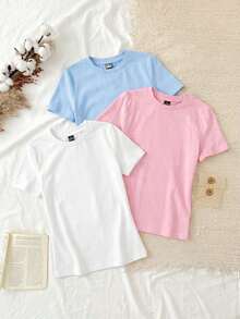 Conjunto de 3 piezas de camisetas de manga larga de ajuste ceñido con cuello redondo, estilo minimalista casual, 95% algodón, para mujer - Multicolor 13 - Ver 5