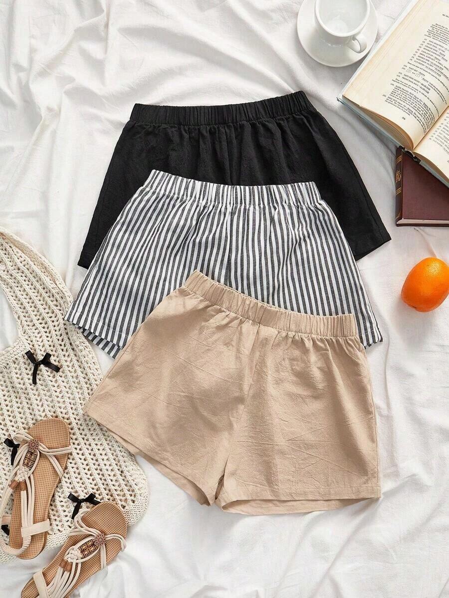 Set de 3 pantalones cortos de lino de colores múltiples tejidos de moda para mujer en verano, para festival de verano para mujeres - Multicolor 2 - Ver 1