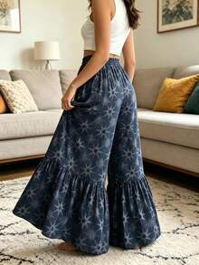 Plus Size Flared Pants, Woven Fabric, Decorated With Ruffle Hem And All-Over Floral Print Spring - Navy Blue - View 2