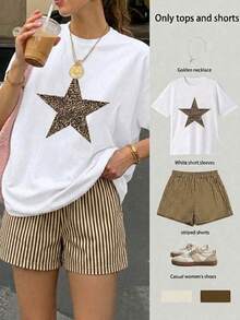 Conjunto Casual de 2 Piezas para Mujer Camiseta Manga Corta con Estampado tipo animal print  y Shorts de Cintura Alta a Rayas estilo casual ideal diario vacaciones dulce - Marrón Chocolate - Ver 1