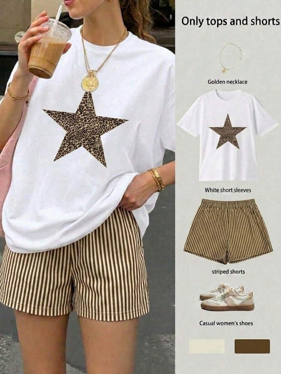 Conjunto Casual de 2 Piezas para Mujer Camiseta Manga Corta con Estampado tipo animal print y Shorts de Cintura Alta a Rayas estilo casual ideal diario vacaciones dulce - Marrón Chocolate - Ver 1