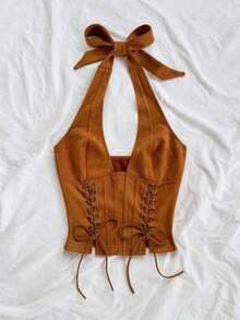 Nuevo chaleco de mujer con escote en V y cordones de ante desconstructurado, adecuado para vacaciones, citas, té de la tarde, vacaciones, festivales de música, estilo bohemio, cruceros, playa, Navidad, Año Nuevo, discoteca - Marrón - Ver 6