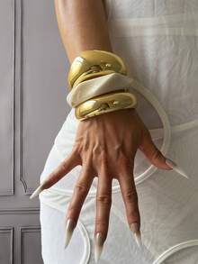 3pcs Set Unique Bracelets, Resin Bracelets, Gold Color Bracelets, White Bracelets, Wide Bracelets, Thick Bracelets, Gold & White Bracelet Set, Bracelet Set, Wide Bracelets, Luxury Elegant Style For Women - Multicolor - View 8