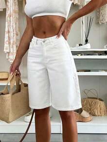 Classic Casual Boyfriend Style Denim Knee Length Shorts For Men, With Pockets, Buttons And Zipper, Straight Leg, Non-Stretch Fabric Summer - Blanco - Ver 6