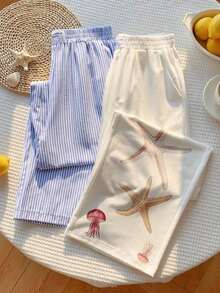 2 piezas Conjunto de pantalones anchos de mujer con rayas casuales - Multicolor 2 - Ver 5