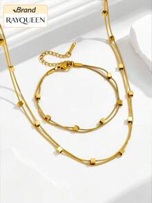 RAYQUEEN Bộ trang sức gồm 1 dây chuyền và vòng tay hai lớp hình khối lập phương bằng thép không gỉ, thích hợp để đeo hàng ngày và làm quà tặng. - Vàng - Xem 2
