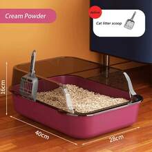Inodoro para gatos, caja de arena para gatos, sartenes semicerradas de lado alto a prueba de salpicaduras para mascotas con cuchara para arena, caja de arena para gatitos, suministros de limpieza para gatos - Crema en polvo - Ver 3