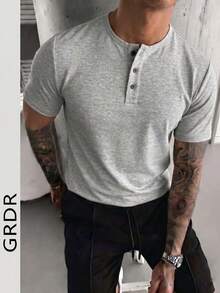 GRDR Men's Classic Solid Color Henley Neck Short Sleeve Shirt, Essential Business Casual Item, Summer Wardrobe Staple - Light Grey - View 4