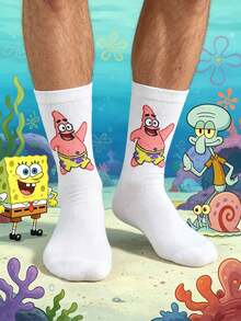 SpongeBob SquarePants 1双男士白色卡通海星印花中筒袜，趣味休闲日常穿着袜子 - 彩色 - 查看 5