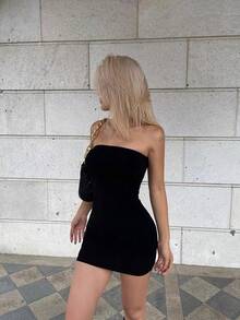 Vestido sin tirantes, falda que abraza la cadera, capa base, sexy, sin tirantes, picante, vestido con temperamento para niña, falda para niños - Negro - Ver 4
