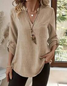 Blusas holgadas informales lisas para mujer, moda de otoño 2025, camisas y blusas Vintage de gran tamaño para mujer, Tops elegantes para jóvenes para mujer - OZN176 Caqui - Ver 1