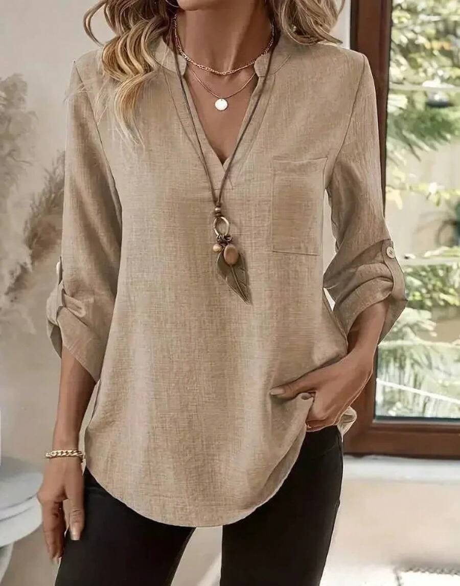Blusas holgadas informales lisas para mujer, moda de otoño 2025, camisas y blusas Vintage de gran tamaño para mujer, Tops elegantes para jóvenes para mujer - OZN176 Caqui - Ver 1