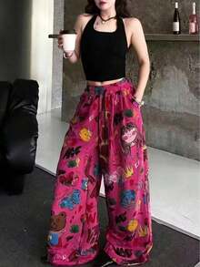 anchos de mujer con estampado de dibujos animados, pantalones casuales sueltos de primavera - Rosa Fucsia - Ver 5