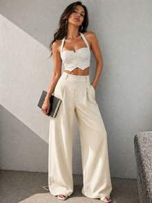 Women's Casual High Waist Wide Leg Pants With Pockets - White - View 5