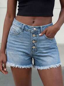 Minimalist Personalized Versatile Daily Vacation Style Women Light Wash Denim Frayed Hem 4-Button Design Shorts Casual Summer - Lavado ligero - Ver 6