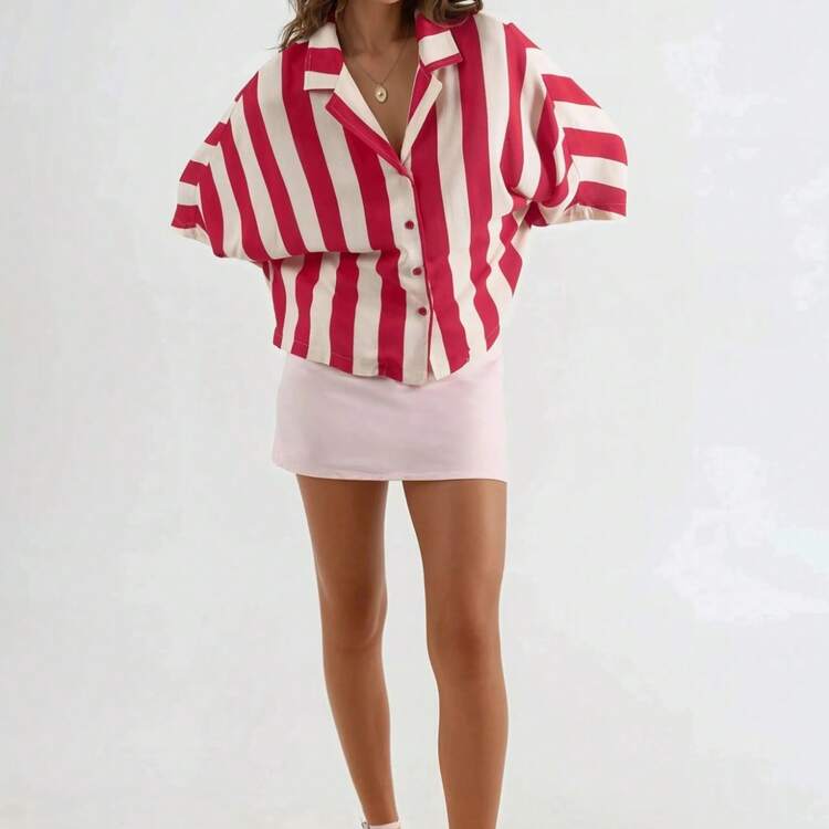 Relaxed Fit Striped Button-Down Shirt Carnation Pink - Red - View 2