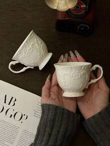 1pc French Ins Style Embossed Ceramic Coffee Cup, High-Quality Latte Cup For Cappuccino, Latte, Tea, Hot/Cold Drinks, Coffee, Juice, Milkshake, Afternoon Tea, Suitable For Living Room, Bedroom, Wedding, Mother's Day, Holiday Gifts - Multicolor - View 3